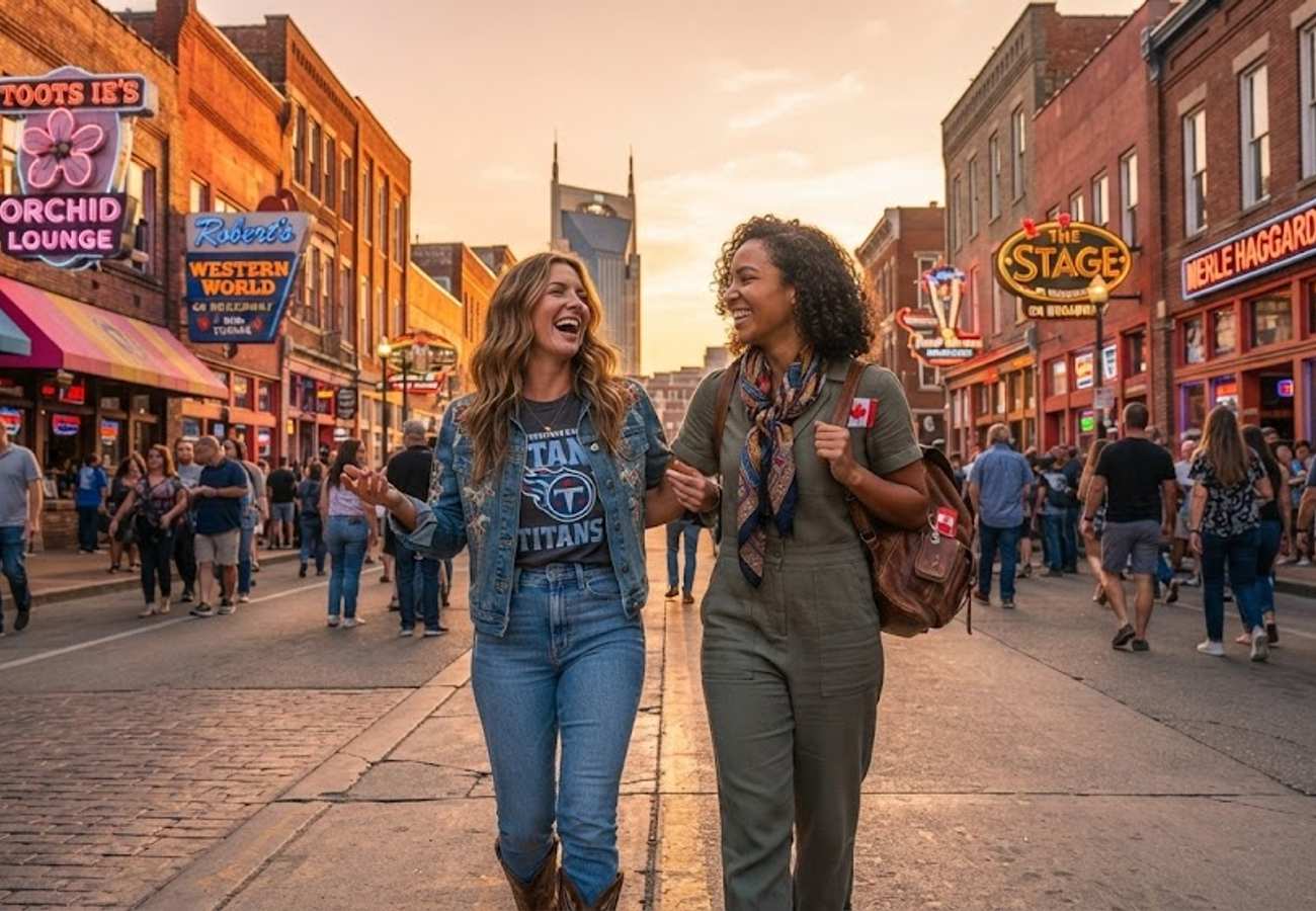 Busy Nashville street with live music venues, Tennessee tourism surge 2026