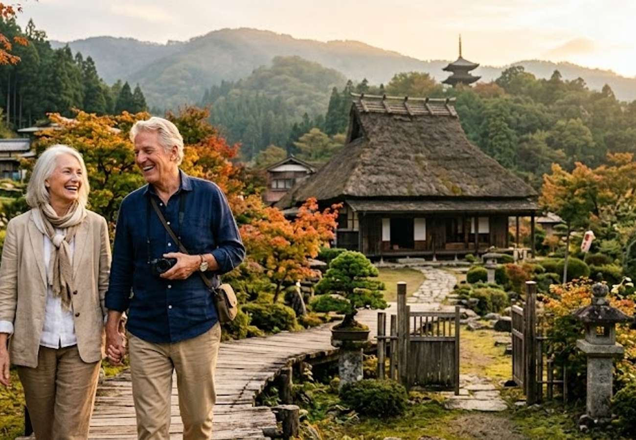 A serene view of a traditional Asian landscape blending modern wellness architecture with cultural heritage