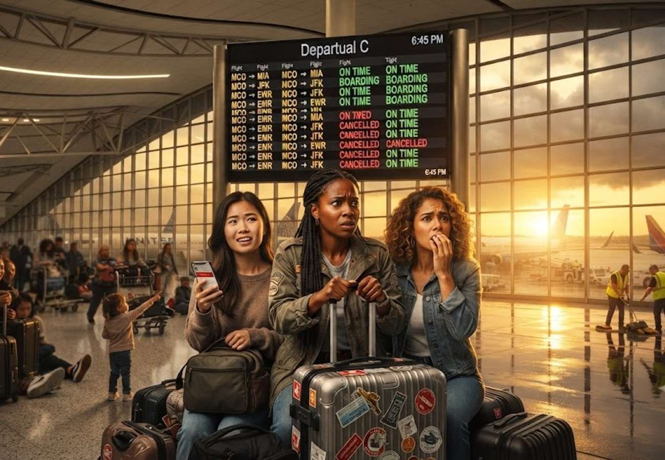 Security personnel and travelers at a major US international airport terminal