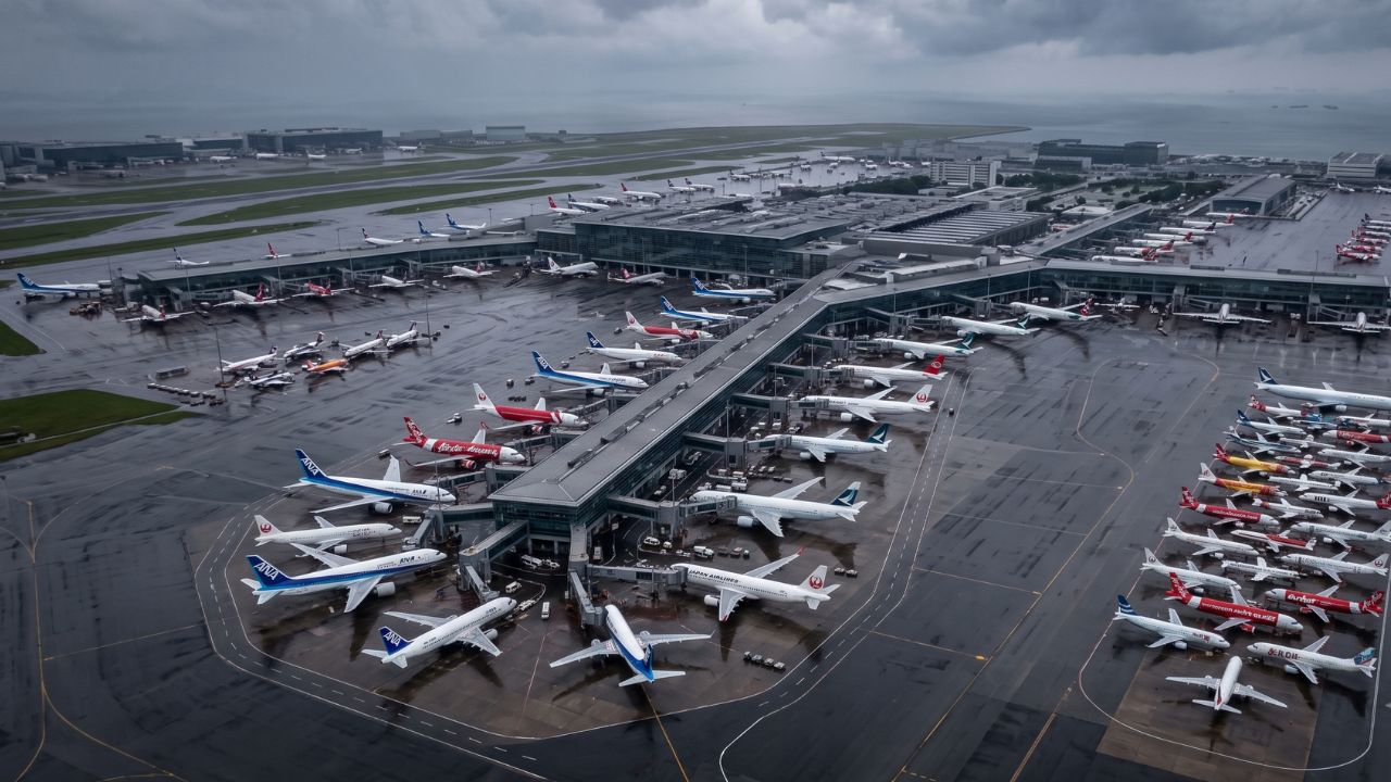 Aerial view of aircraft grounded at a major East Asian airport during storm disruptions