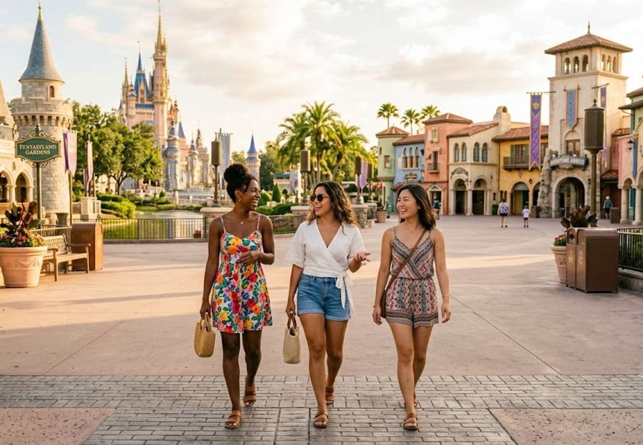 Universal Studios theme park entrance with visitors