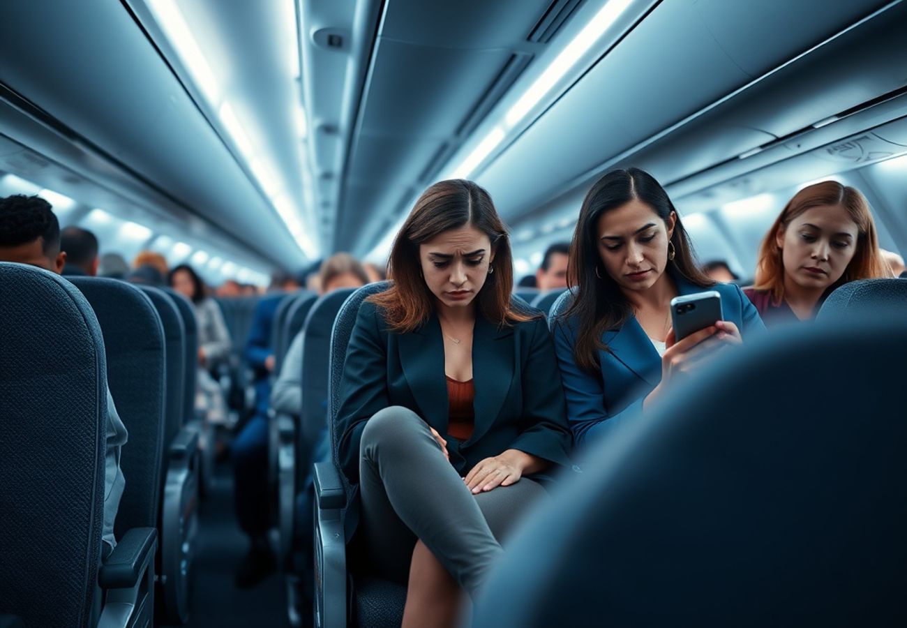 Cramped economy class airplane cabin showing seat backs and limited legroom