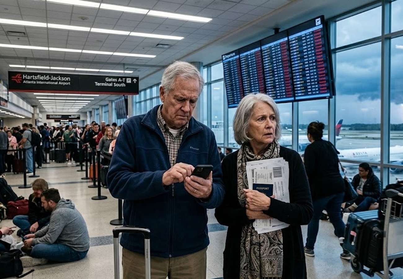 Crowded US airport terminal with flight departure boards showing delays and cancellations