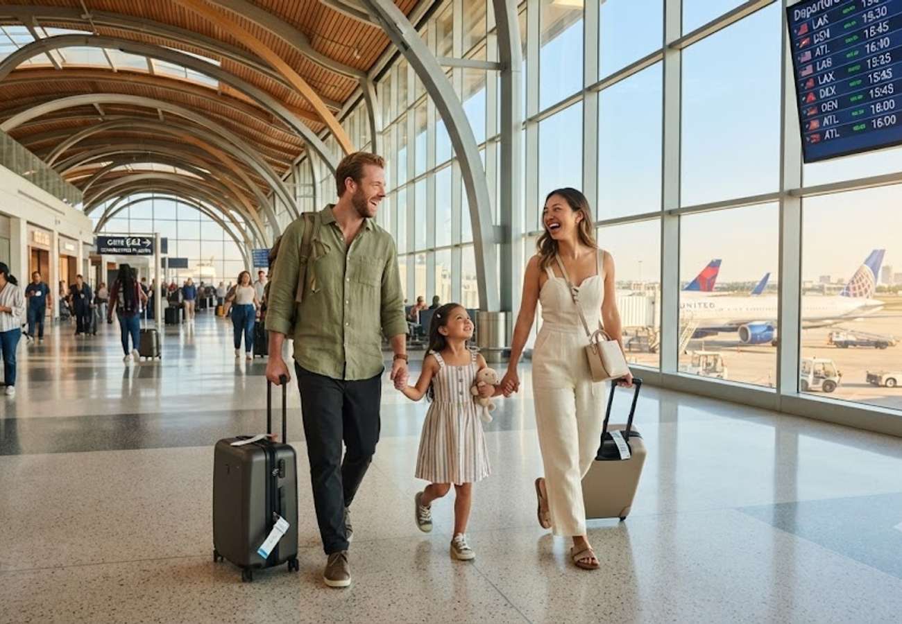 Modern airport security checkpoint with international passengers