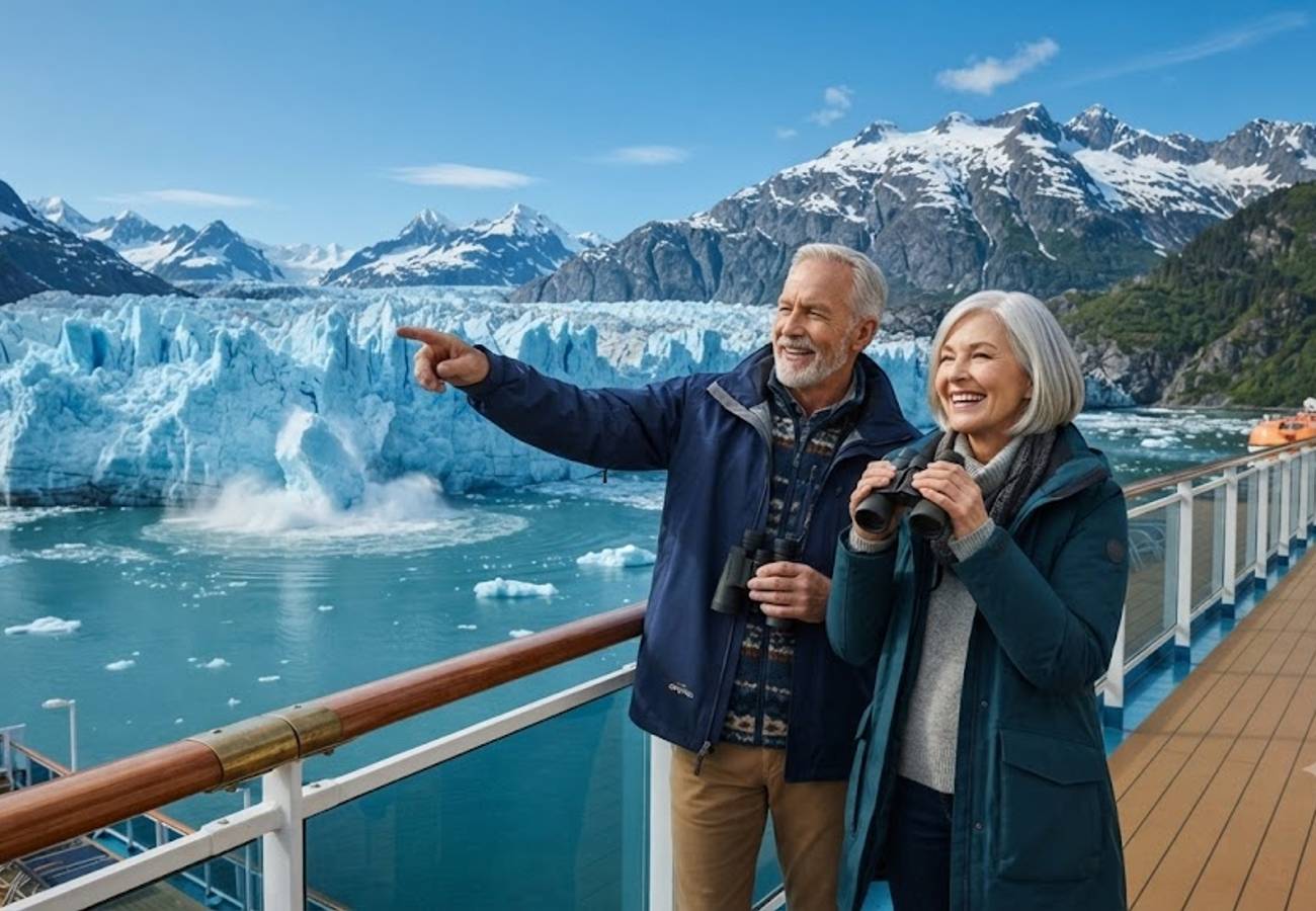Aerial view of a cruise ship navigating the glacial waters of Endicott Arm Alaska