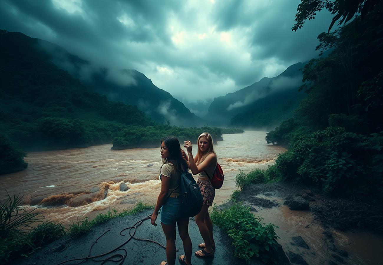 Misty Costa Rican mountain landscape during peak rainy season with rushing water and dense cloud cover