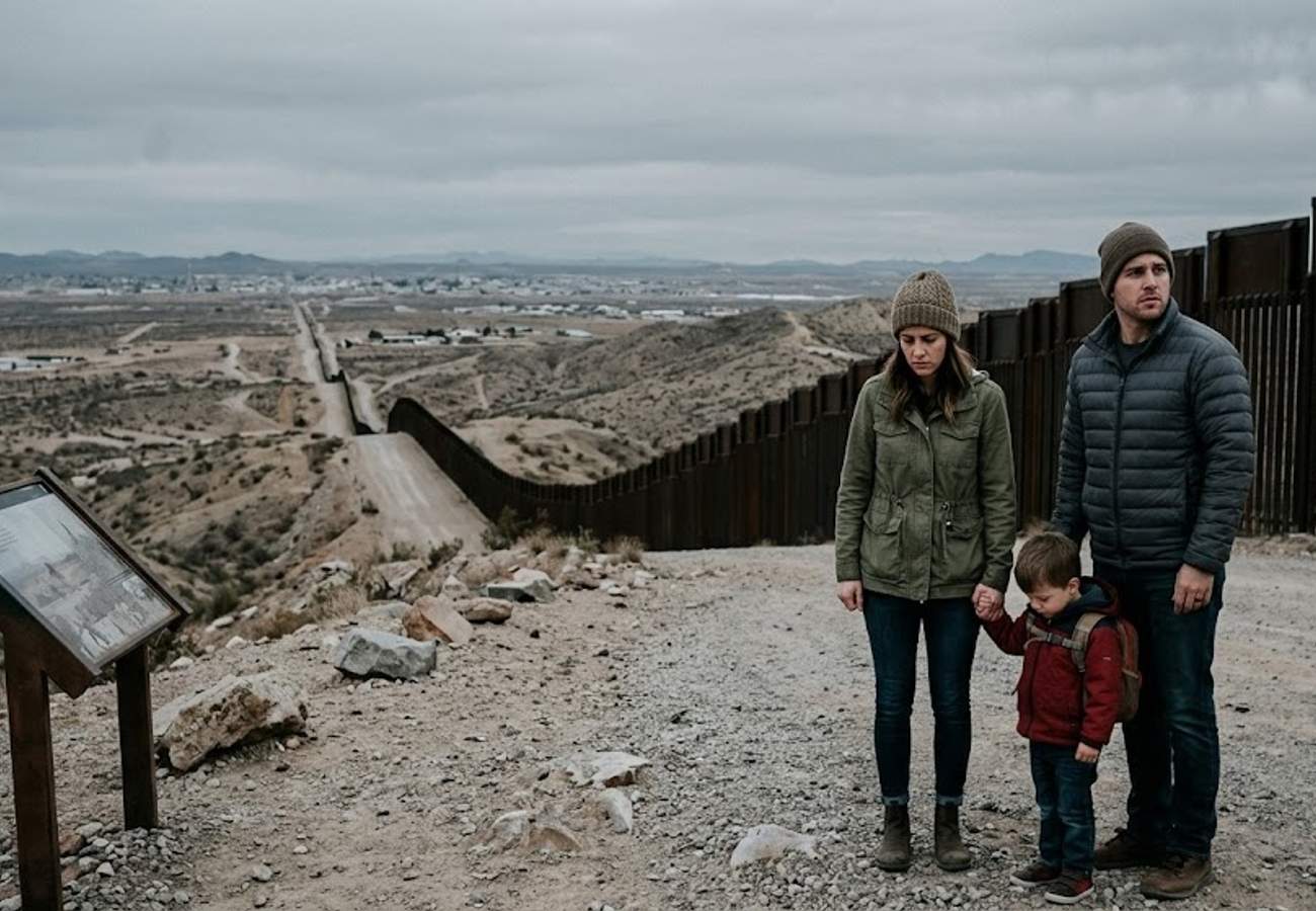 Aerial view of the U.S.-Mexico border security fence in the Arizona desert