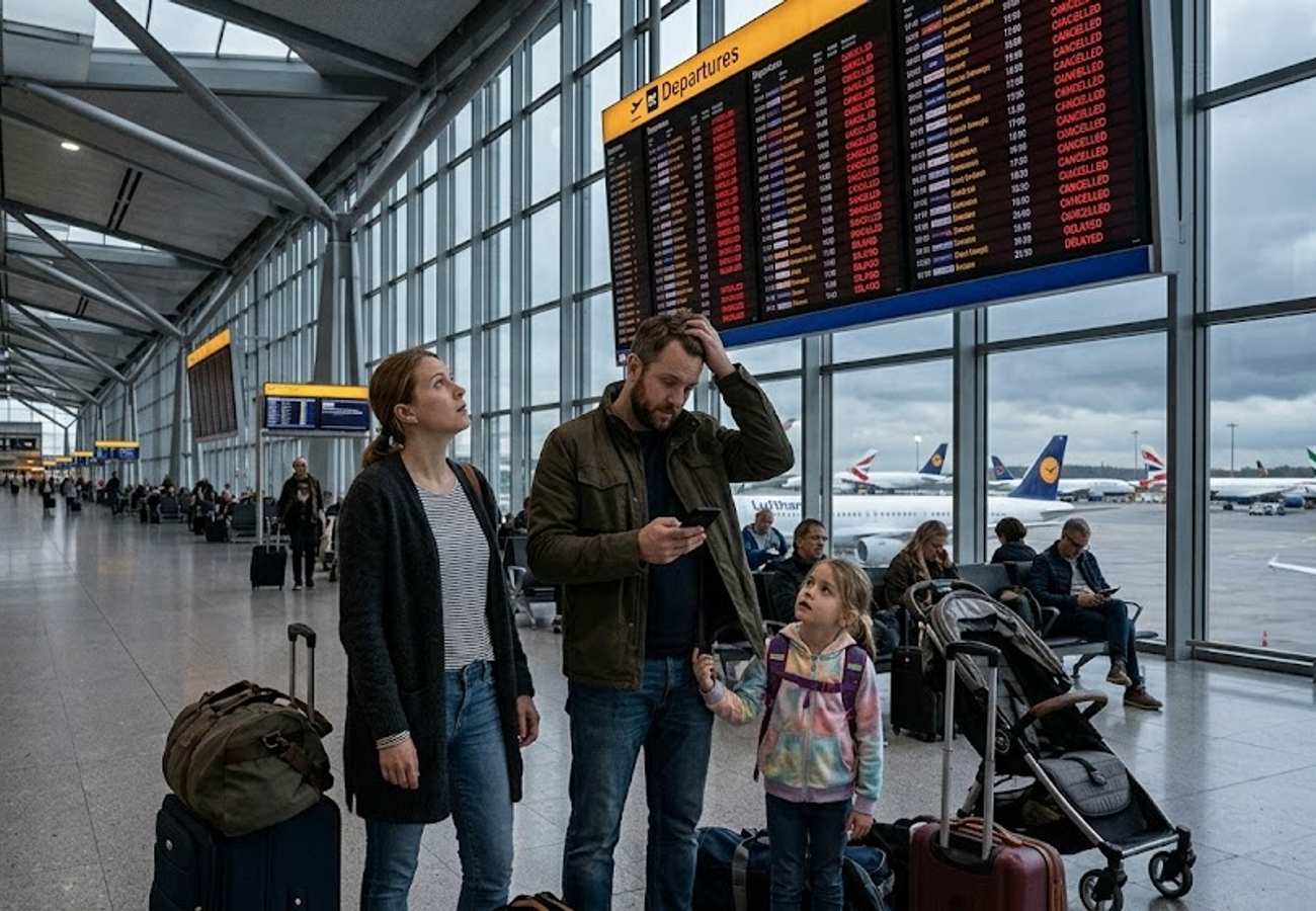 Commercial aircraft grounded at a Middle Eastern airport terminal during geopolitical unrest
