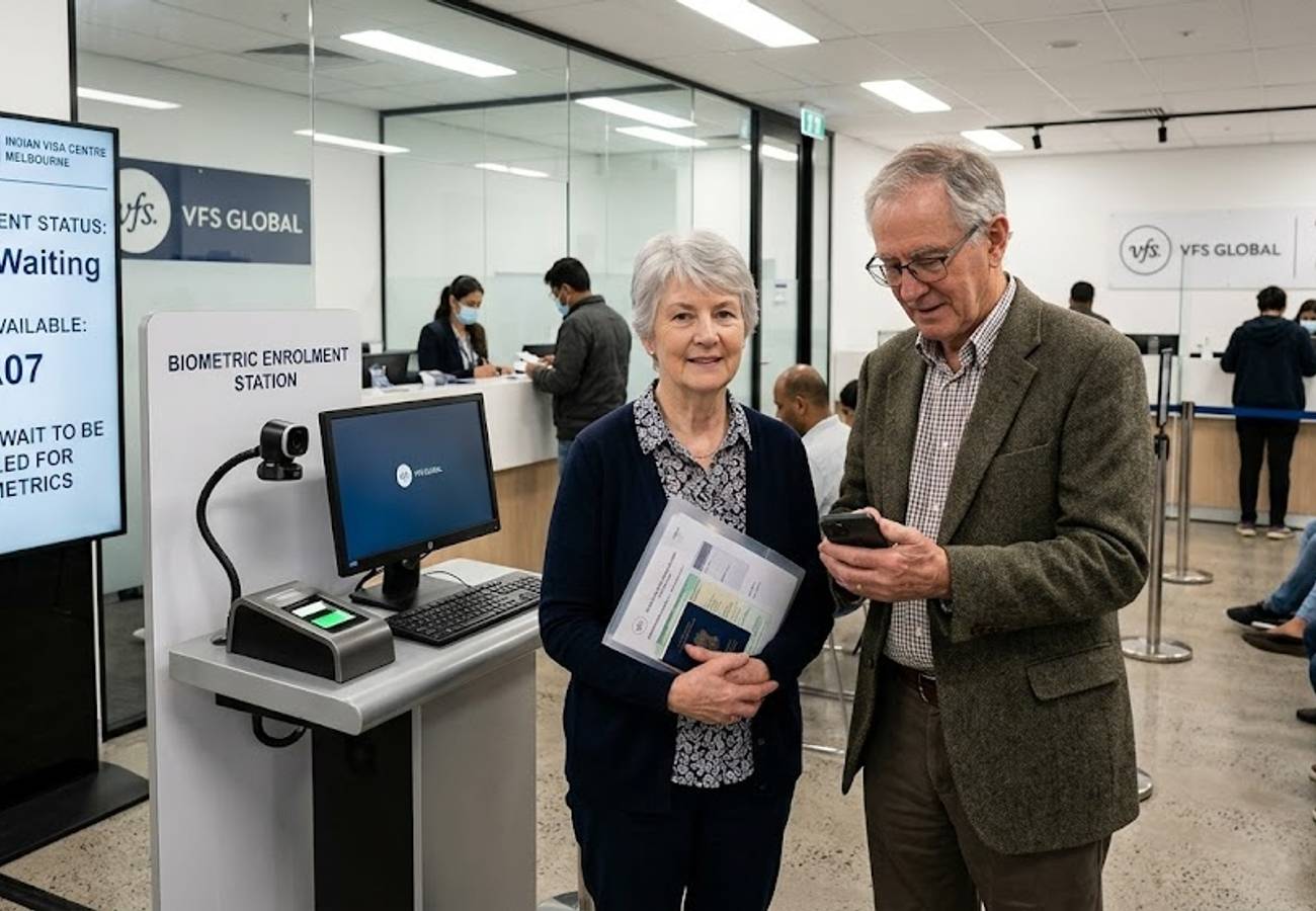 Modern consular application center representing biometric data collection