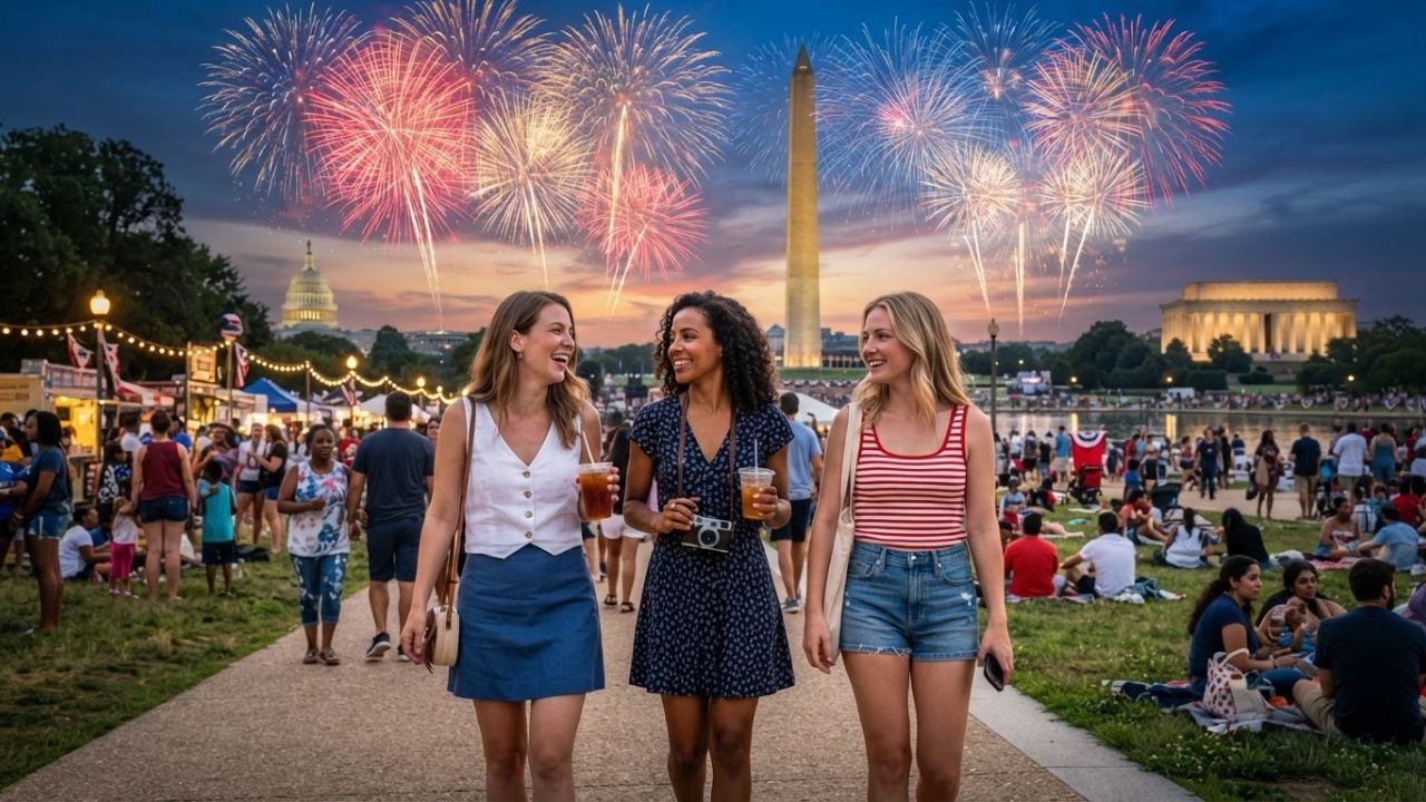 Spectacular fireworks exploding over the Washington Monument and the National Mall on July 4