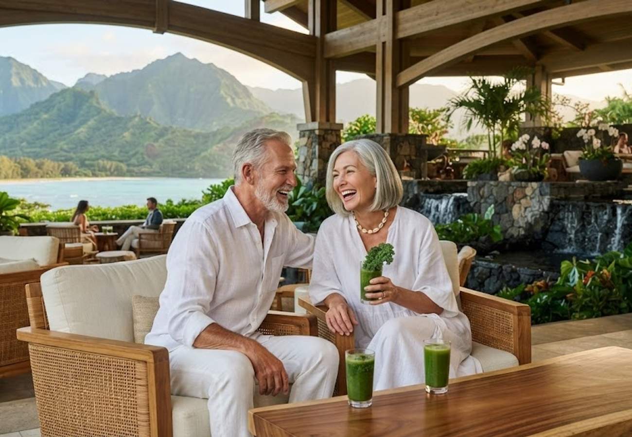 Luxury wellness resort overlooking the north shore of Kauai with lush mountains and ocean views