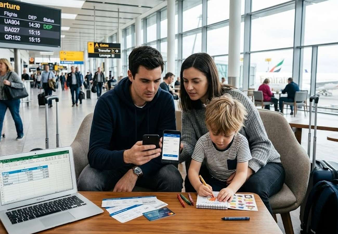 Digital nomad managing international money transfers on a laptop while waiting at an airport