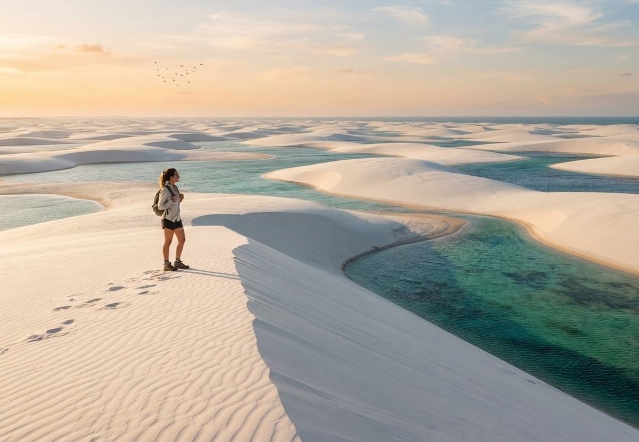 Aerial view of white sand dunes and blue lagoons in Lençóis Maranhenses National Park