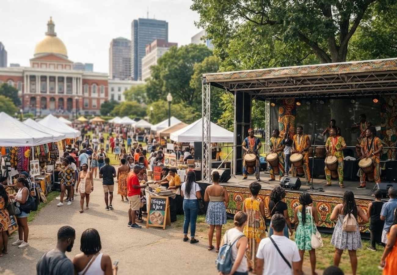 A vibrant celebration of African culture at Boston Common featuring traditional drumming and dance