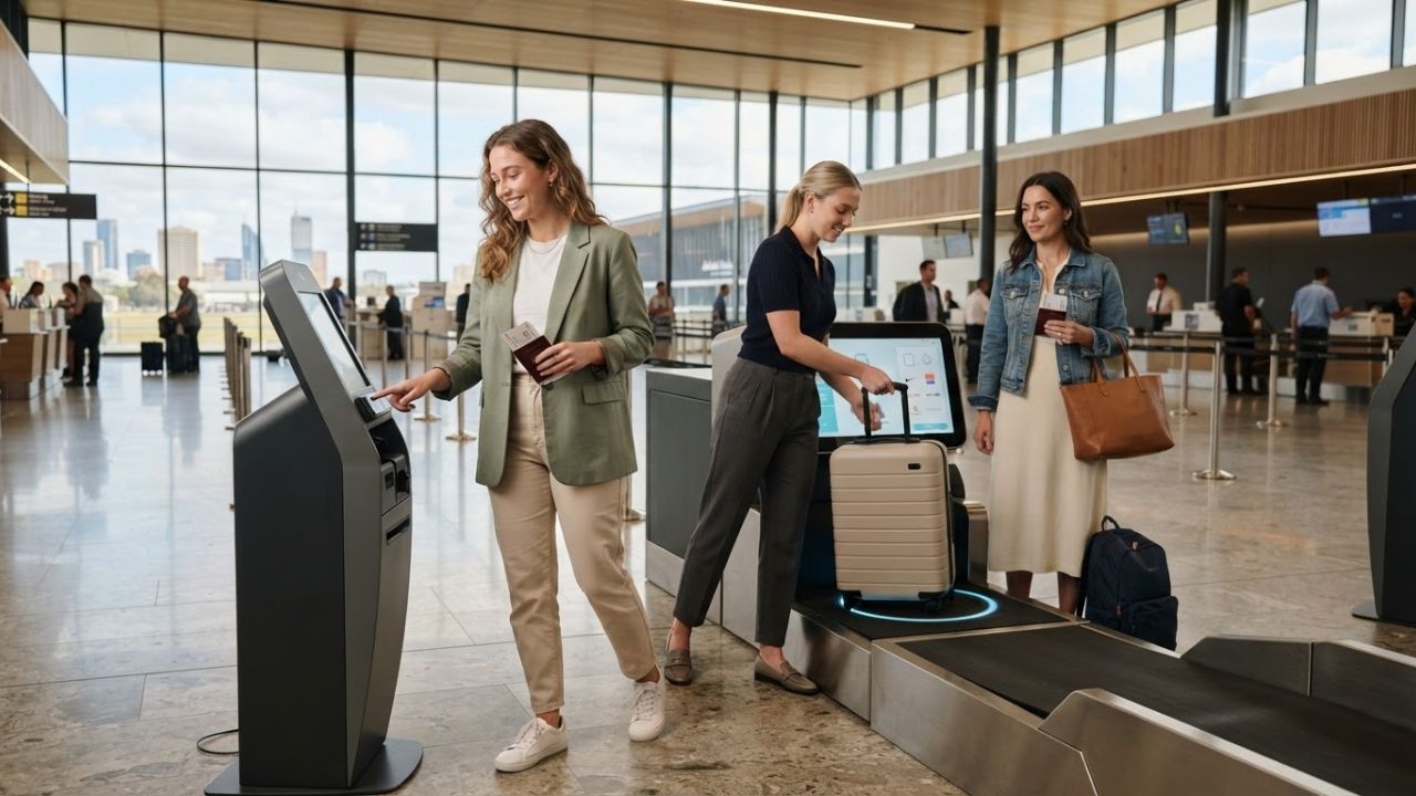 A view of next-generation automated self-service check-in kiosks inside Adelaide Airport's modern terminal.