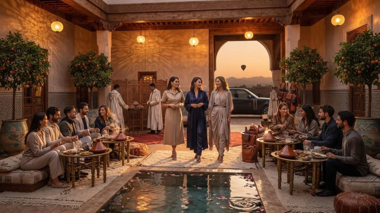 A group of travelers enjoying a private dinner under a starry desert sky in Morocco.