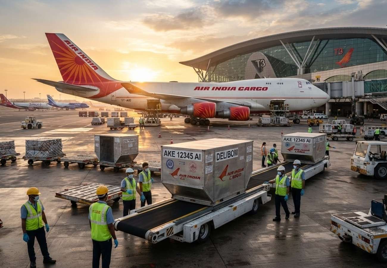 Air India cargo freight being loaded in sealed unit load devices at Delhi Airport