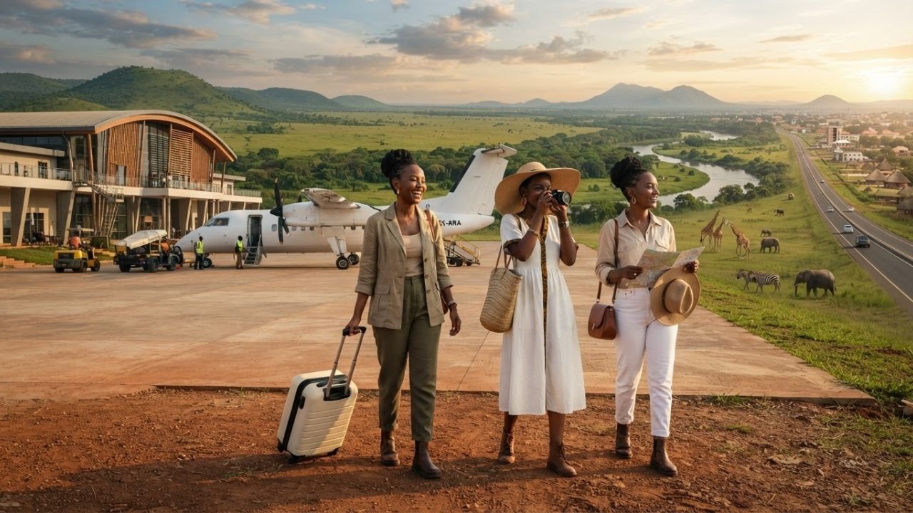 A small passenger aircraft landing at a regional airfield in northwestern Uganda