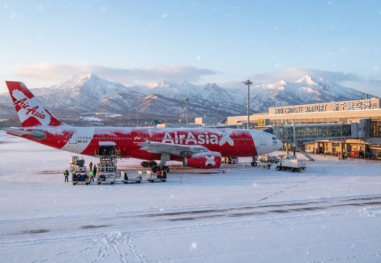AirAsia X Airbus A330 aircraft flying over a snowy landscape