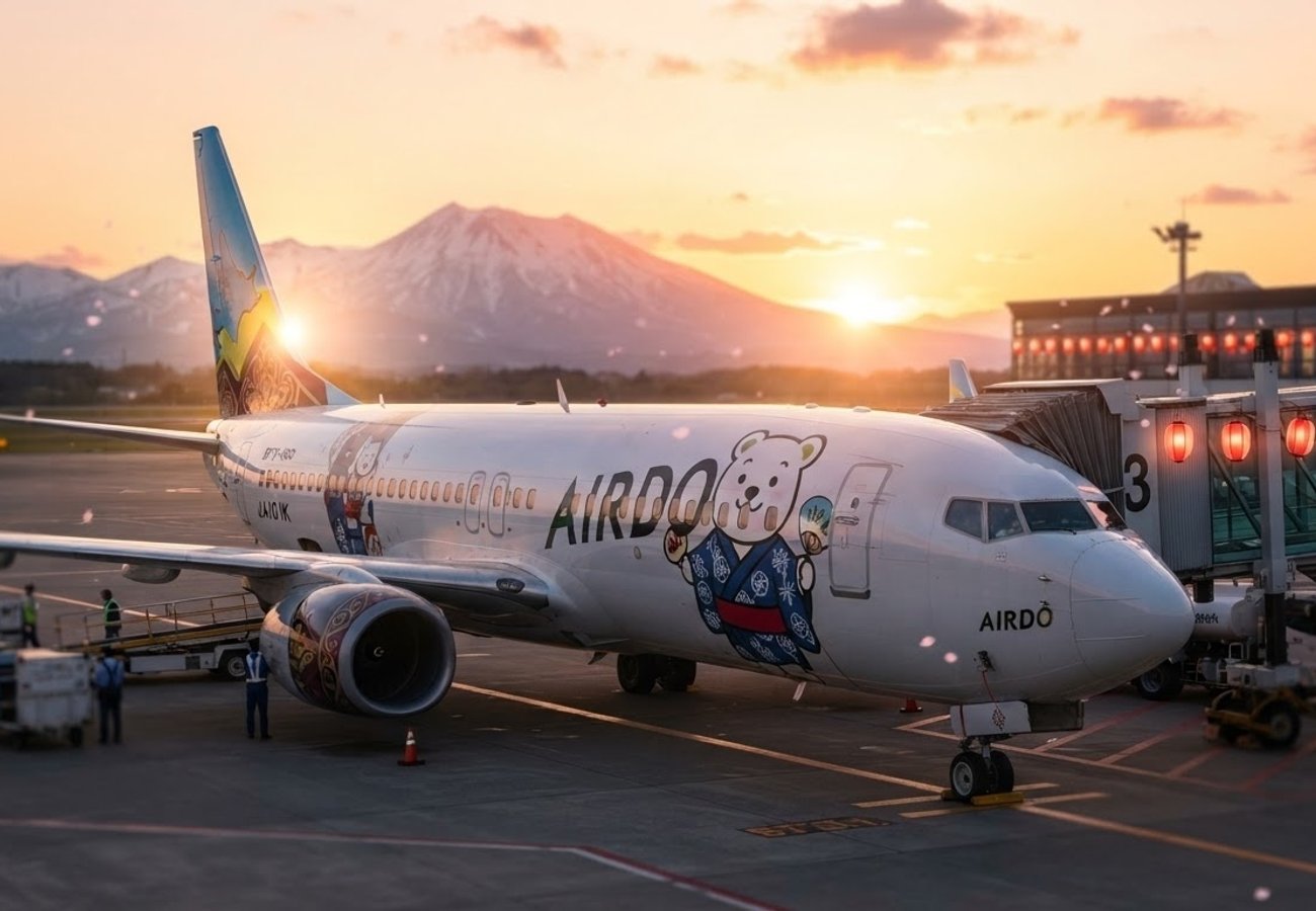 AIRDO aircraft featuring Bear Do mascot and Golden Kamuy branding