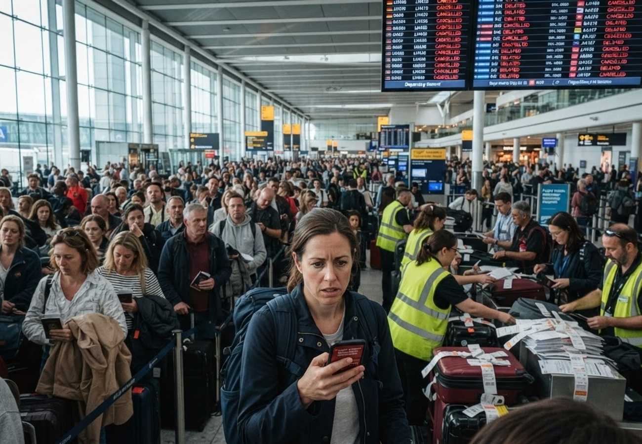 Crowded airport terminal with delayed flight boards