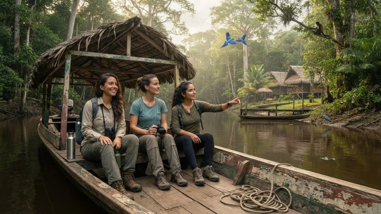 A wooden boat navigating a narrow, sunlit river winding through a dense tropical rainforest canopy.