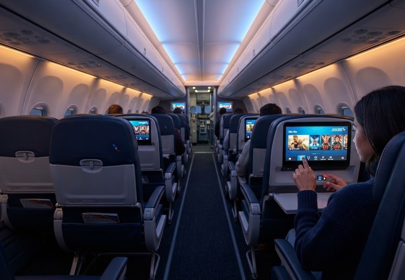 Interior view of a modern narrow-body aircraft cabin featuring seatback entertainment screens