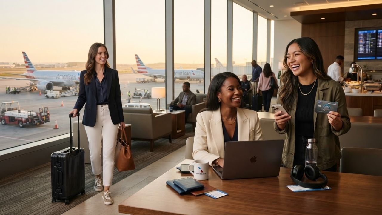 A premium travel card resting on a wooden table at an airport lounge window overlooking commercial aircraft.