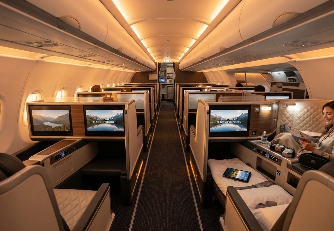 Modern aircraft cabin featuring premium seating and seatback entertainment screens