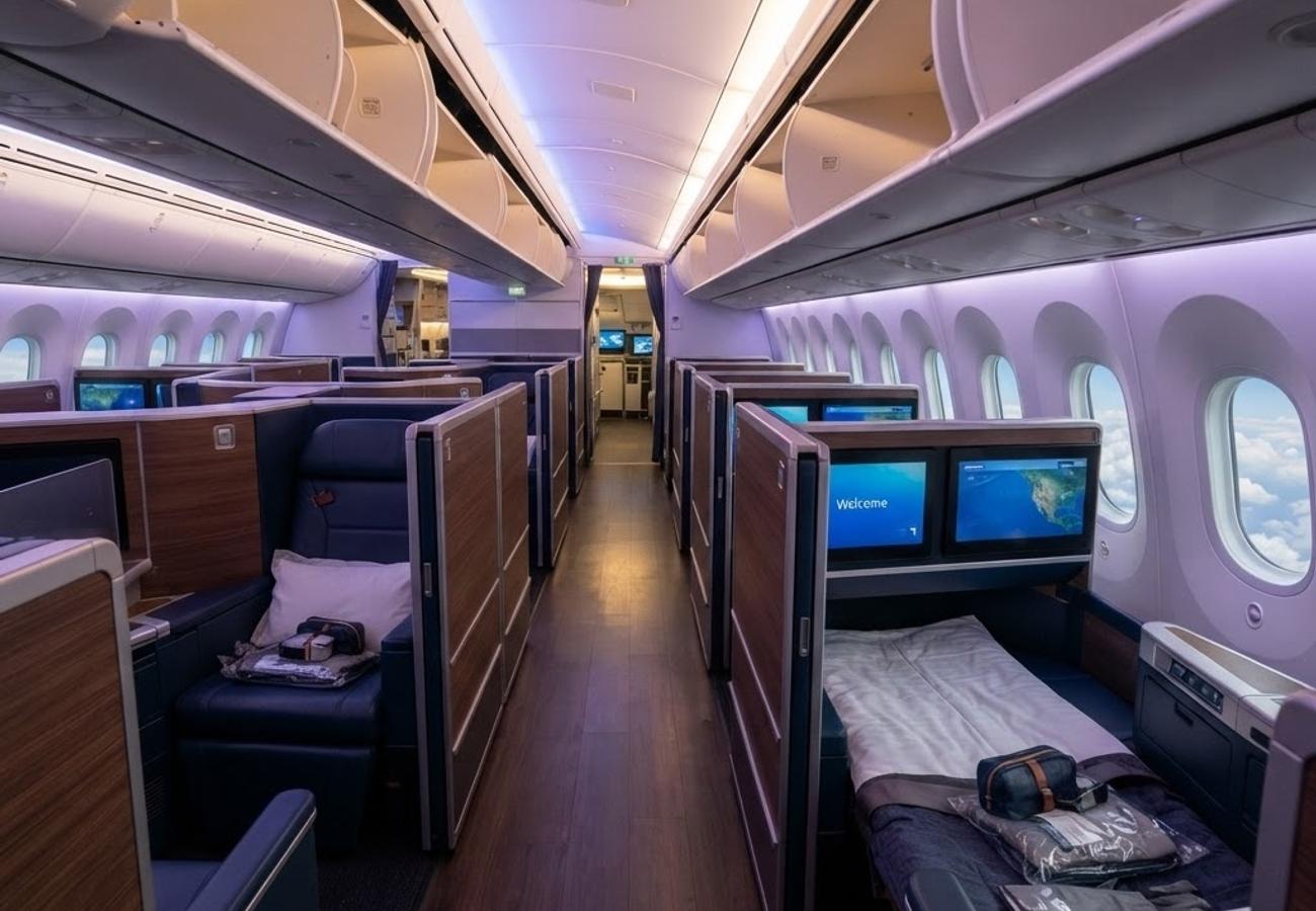 American Airlines aircraft interior featuring premium seating and seatback entertainment