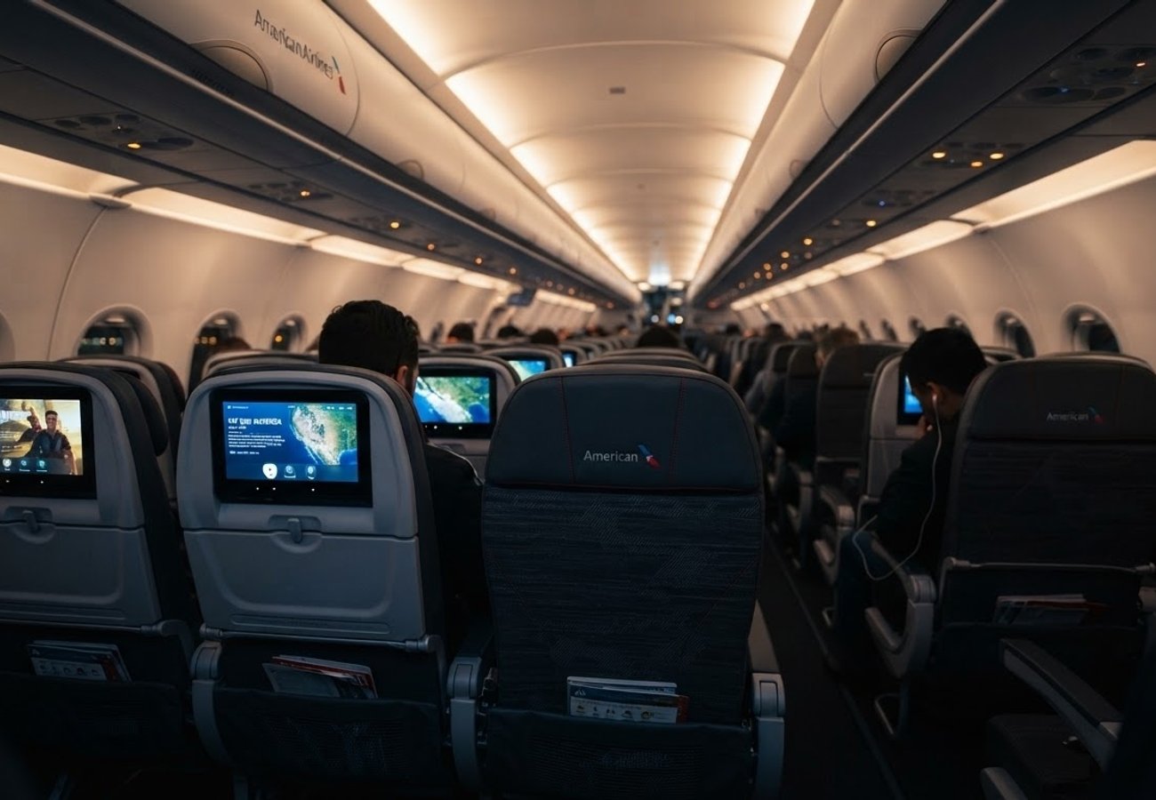 Interior of a narrowbody aircraft cabin showing seat-back entertainment screens