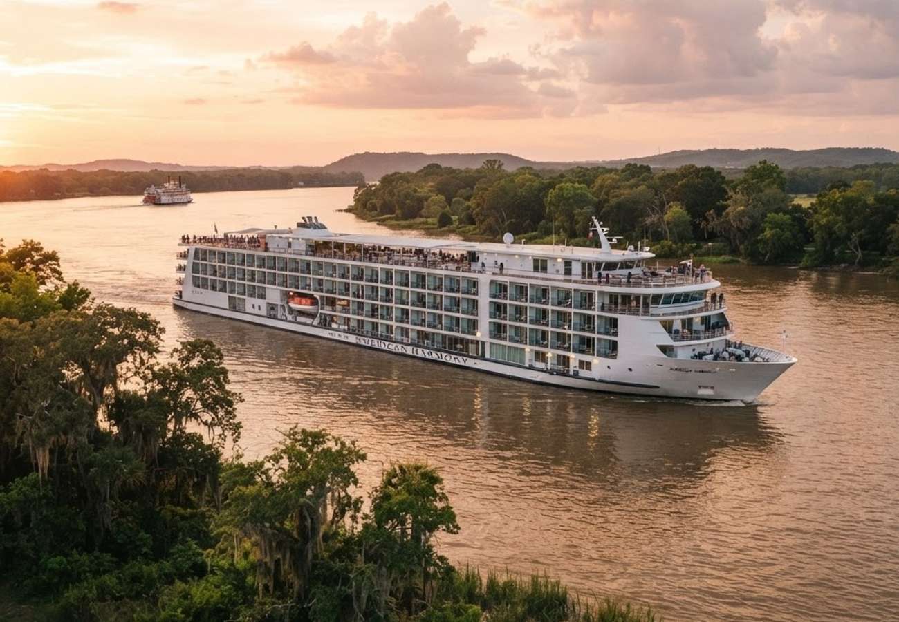 Modern river cruise ship navigating a US waterway