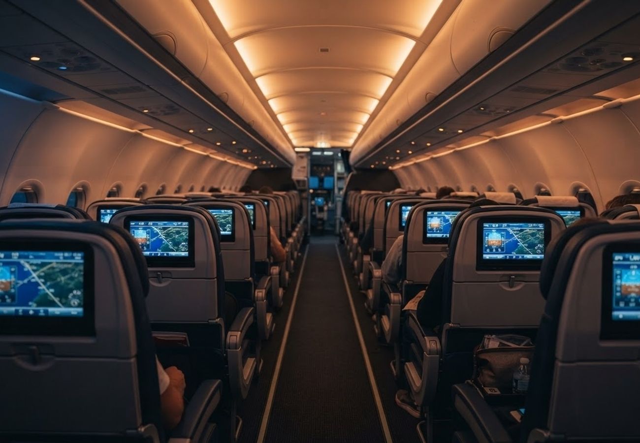 Interior of an American Airlines narrowbody aircraft cabin