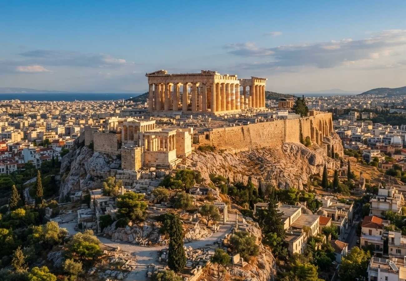 Panoramic view of the Acropolis and the Ancient Agora in Athens