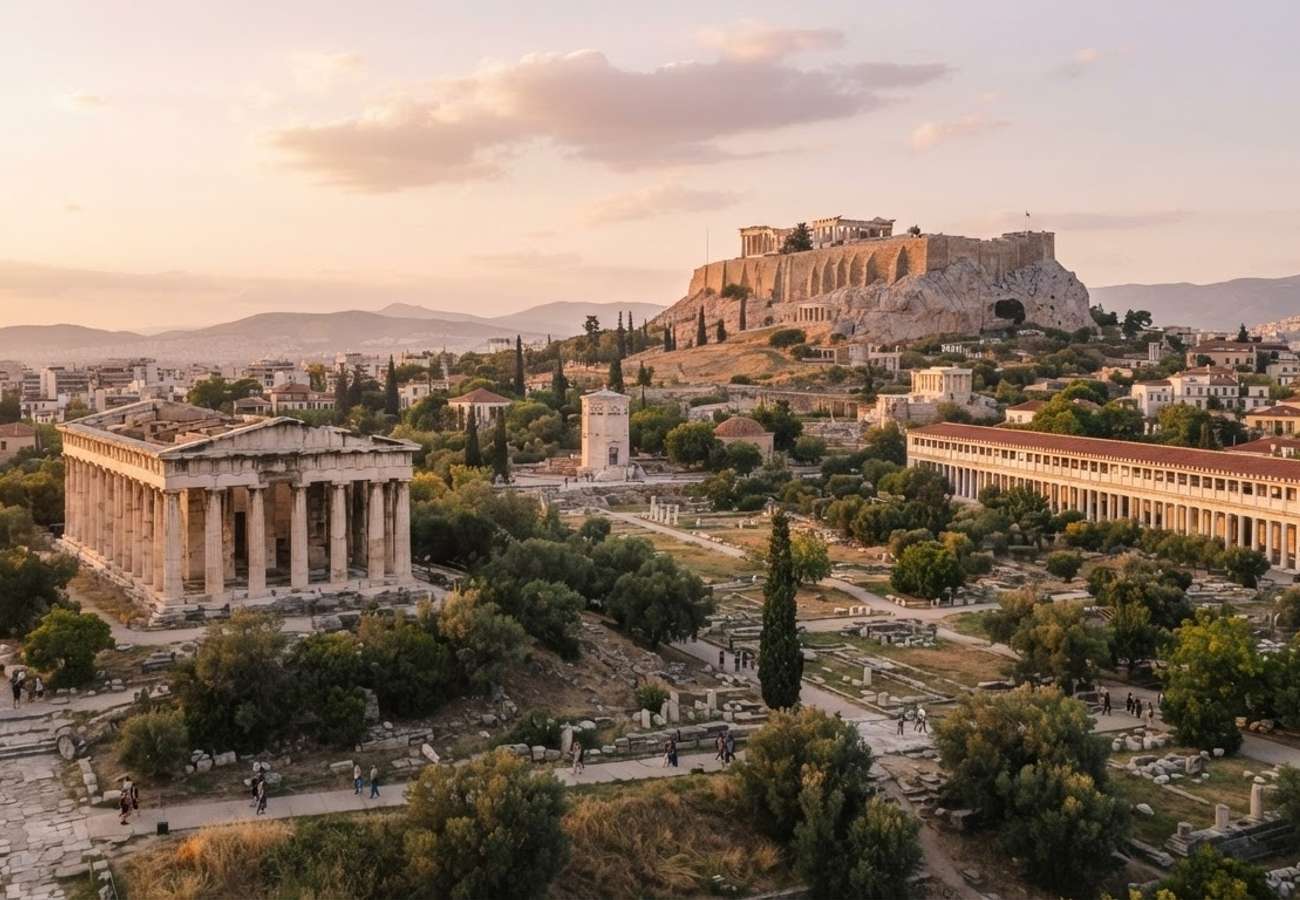 Aerial view of the Ancient Agora and Temple of Hephaestus in Athens