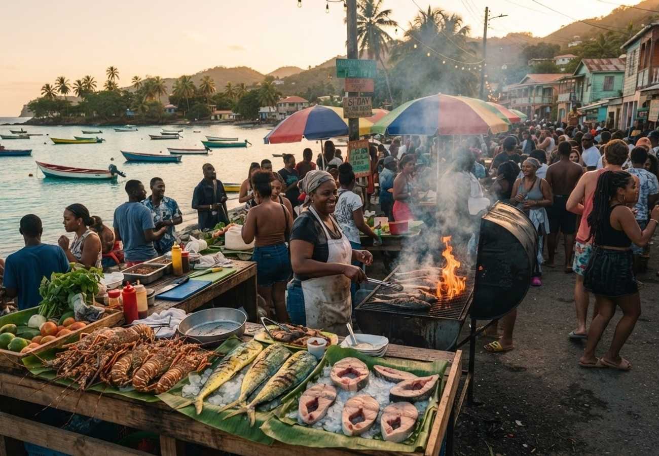 Fresh grilled seafood and tropical side dishes at a Saint Lucian fish fry