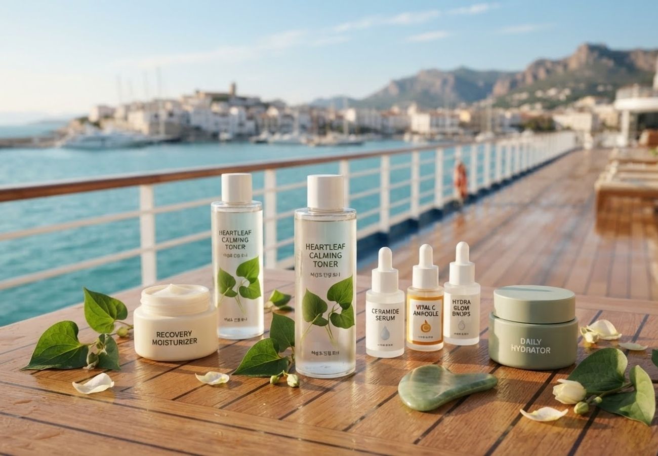 Korean skincare products displayed in a luxury cruise ship retail boutique