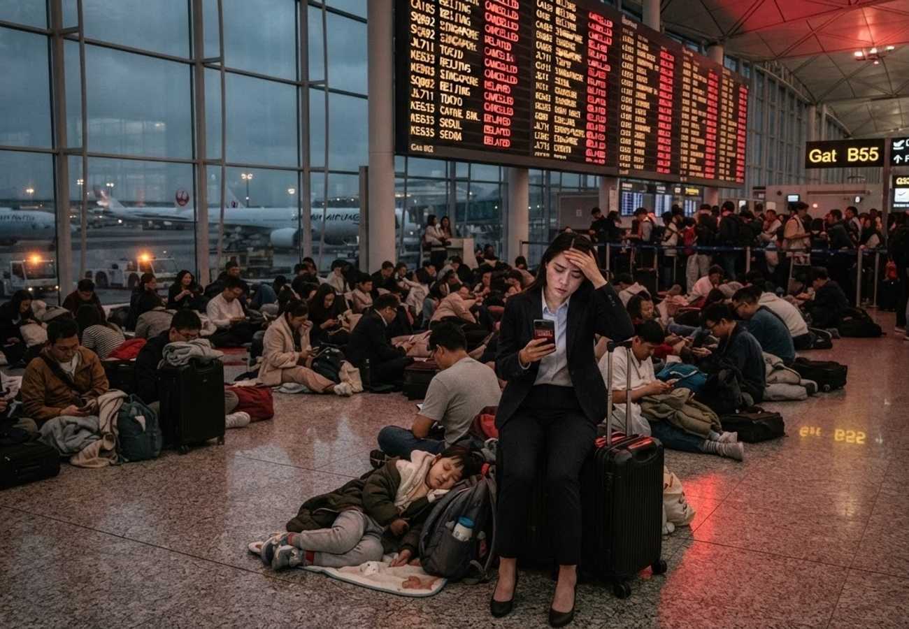 Aerial view of a busy Asian international airport terminal during peak hours