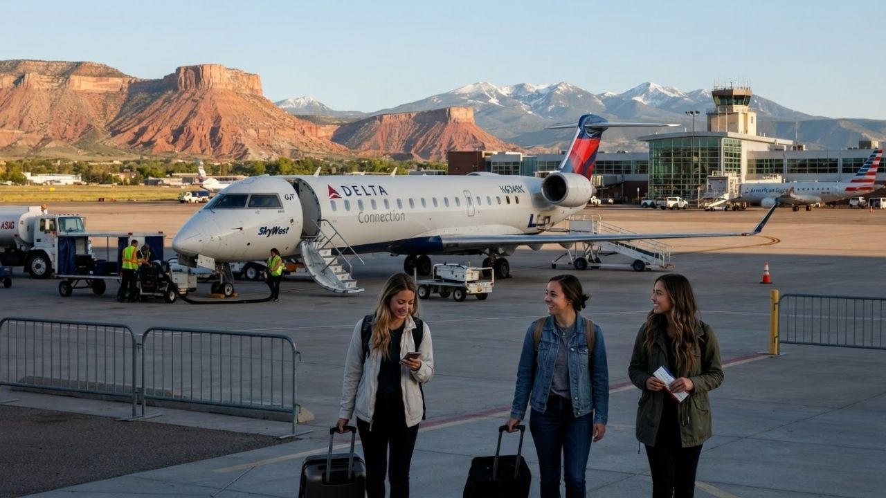 A regional jet parked on the runway of Grand Junction Regional Airport with the red rock mesas of western Colorado in the background