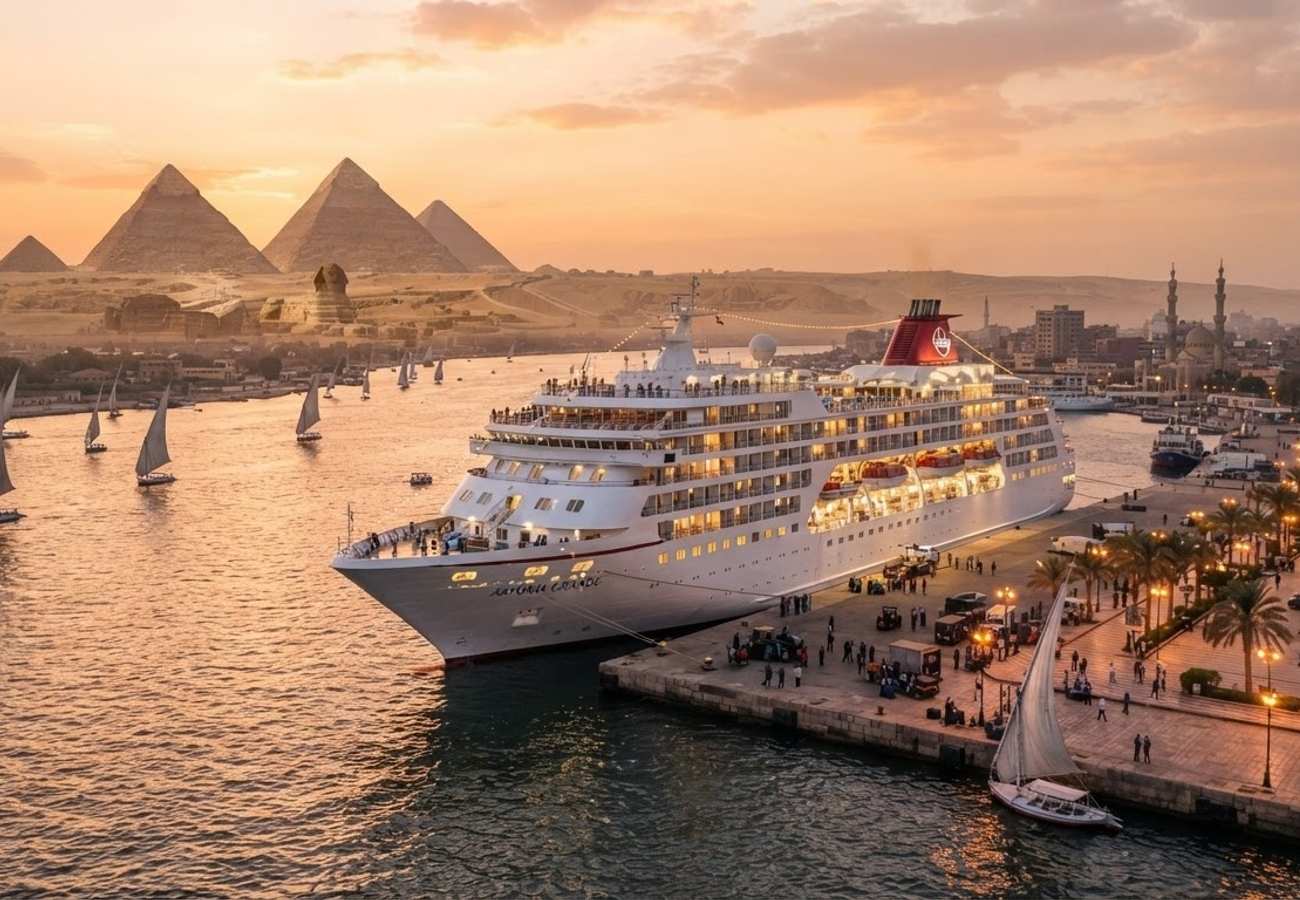 Astoria Grande cruise ship docked at a Mediterranean port