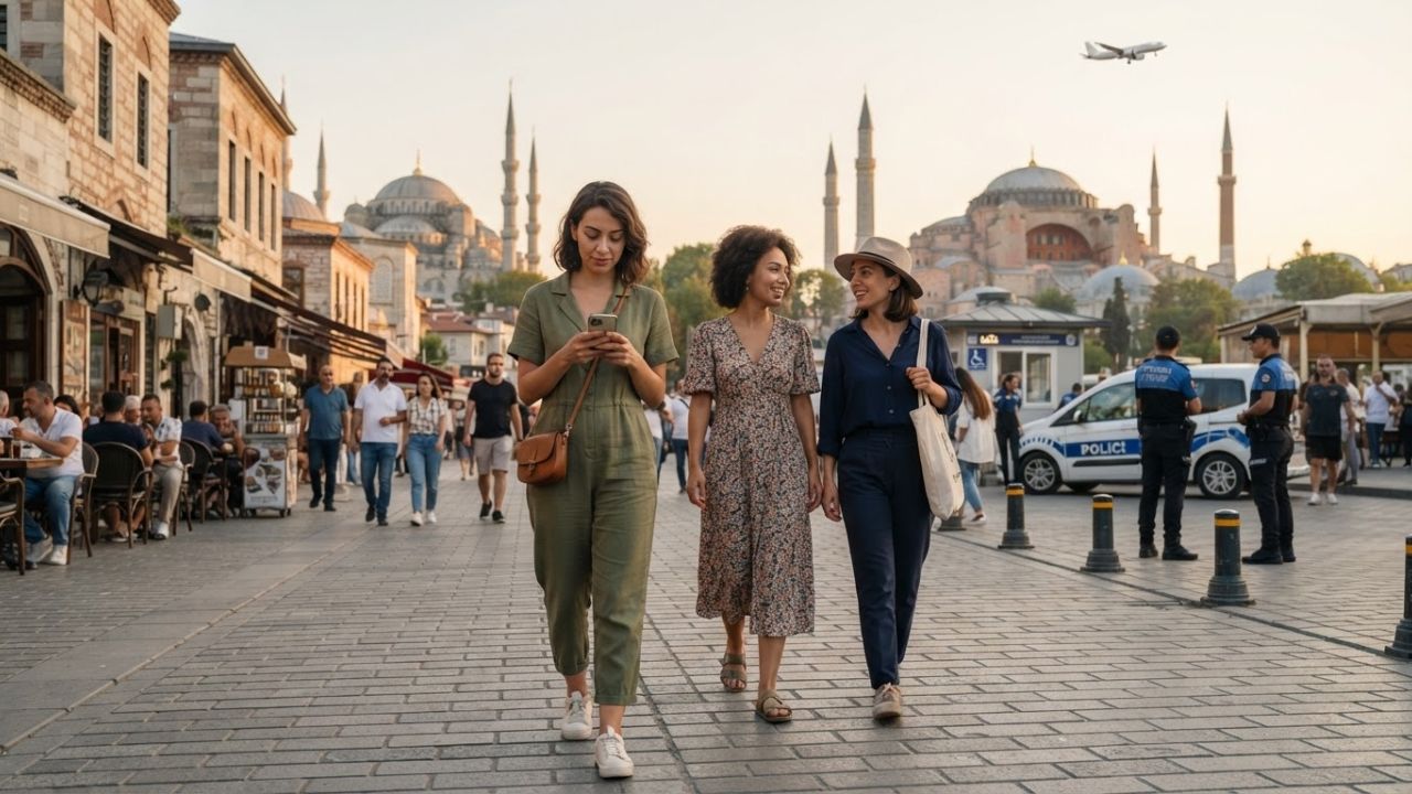 A secure urban street scene in Istanbul under a clear sky, showing safety patrols and public spaces