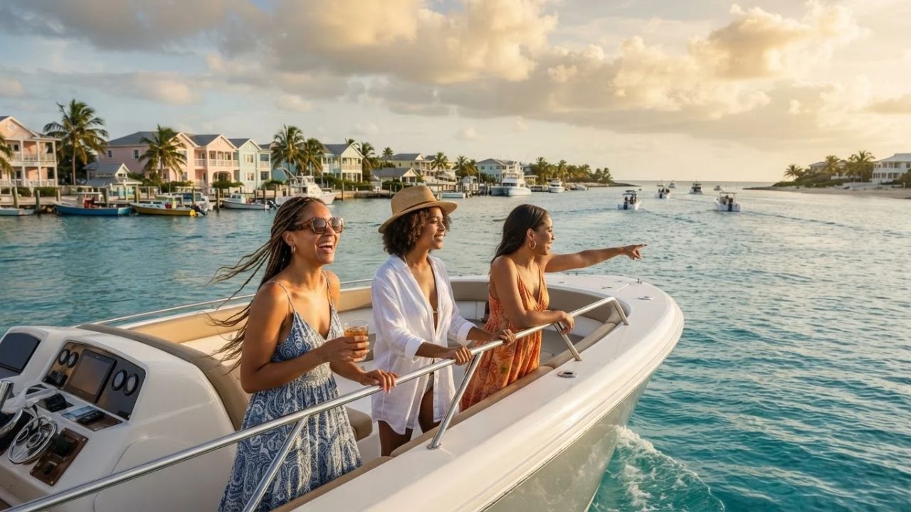 A recreational motor yacht cruising through deep blue waters towards Bimini.