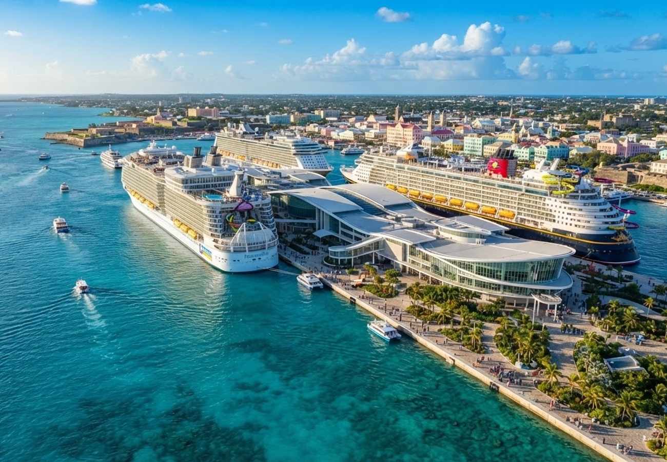 Aerial view of a cruise ship docked at a Bahamian port
