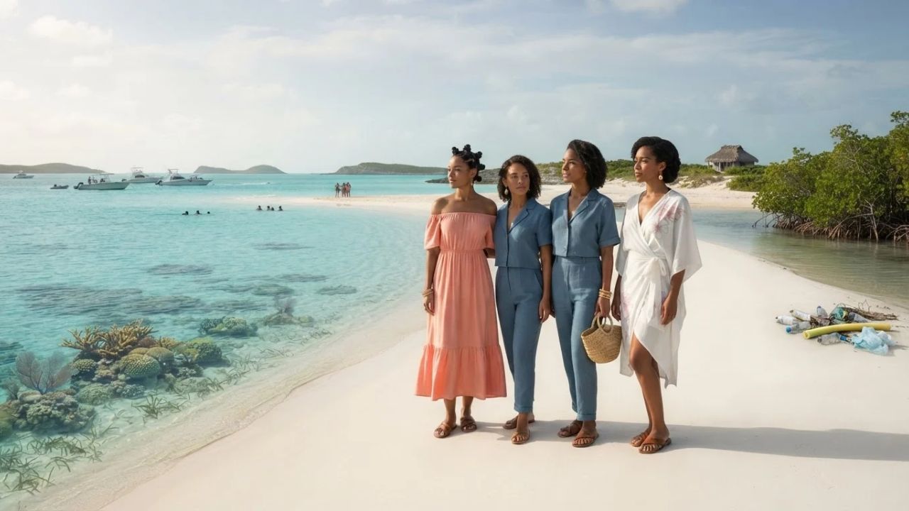 A scenic tropical beach in the Bahamas with clear turquoise waters and soft white sand.