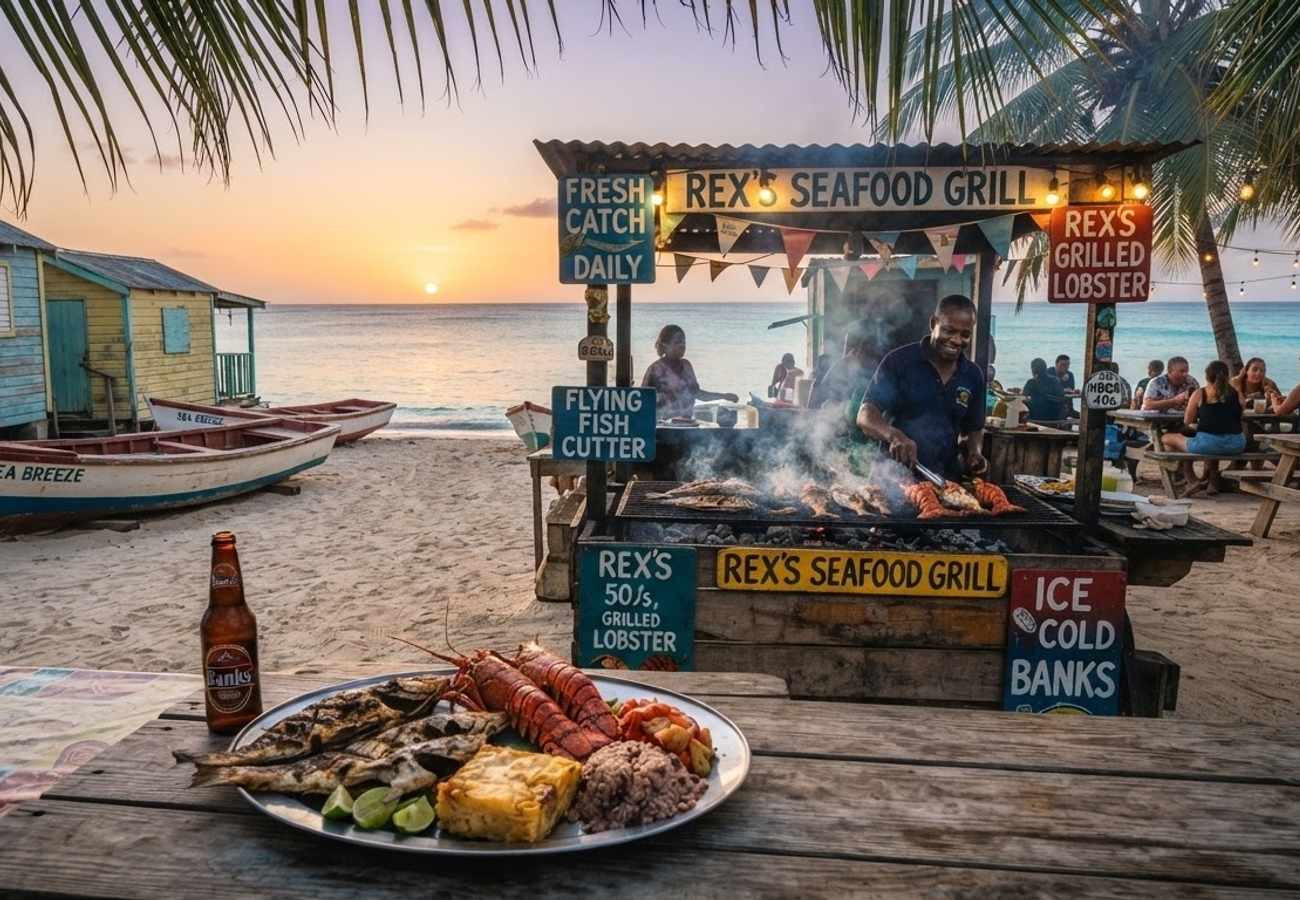 Fresh Bajan seafood platter with flying fish and macaroni pie on a Barbados beach