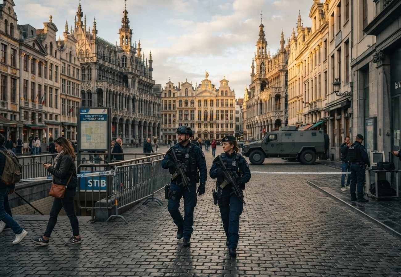 Brussels city center with security presence and historic architecture