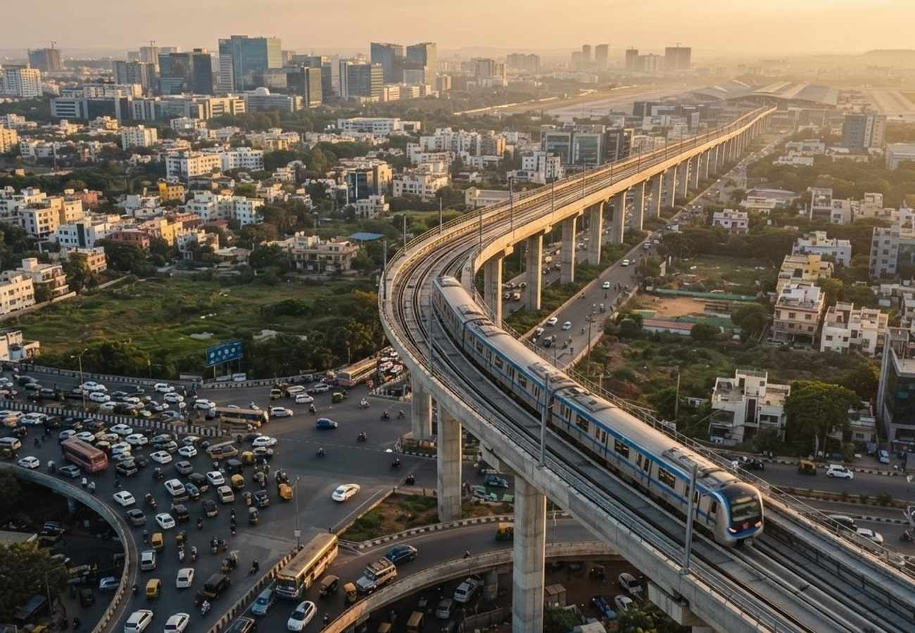 Aerial view of Bengaluru urban infrastructure and metro construction