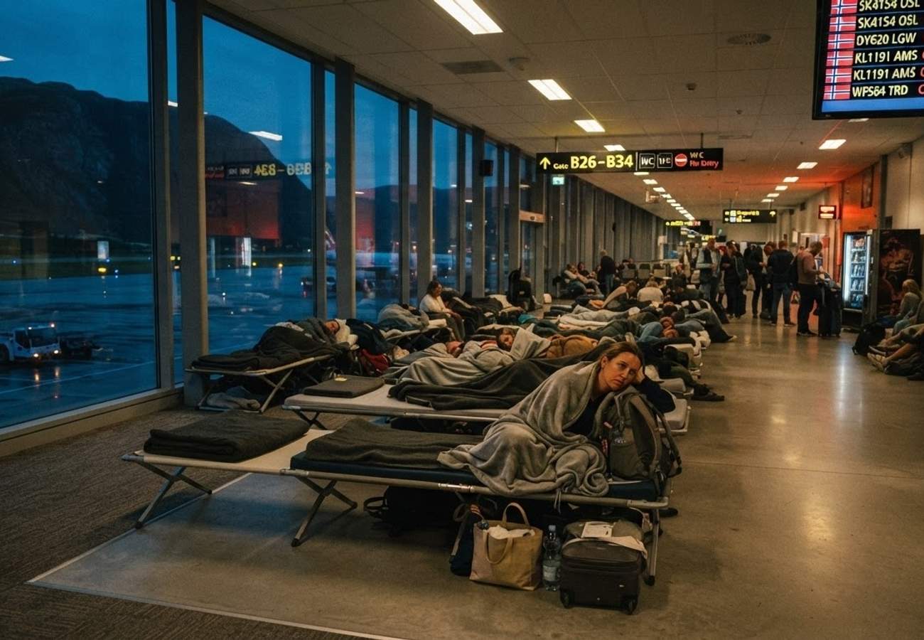Passengers resting on camp beds inside Bergen Airport Flesland terminal during the Norwegian air traffic controllers strike