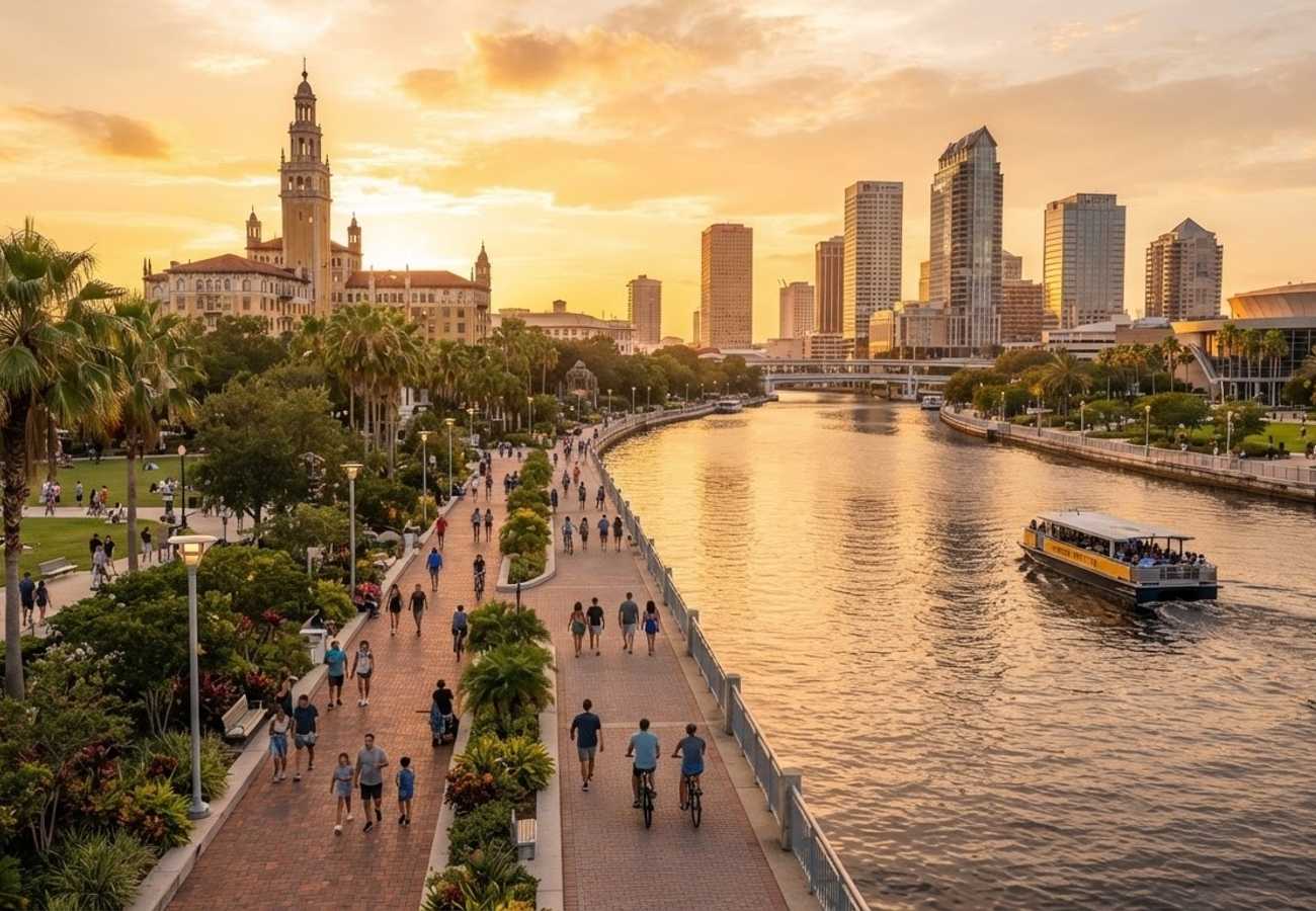Aerial view of the Tampa Riverwalk and downtown skyline