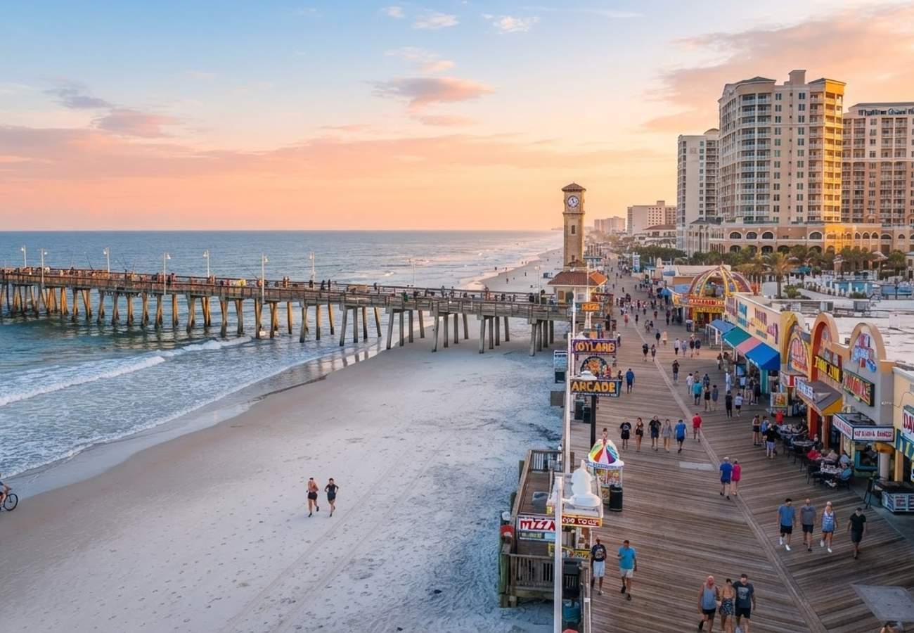 Aerial view of Wyndham Ocean Walk and the Daytona Beach Boardwalk
